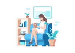 Girl Reading - sofa bookshelf plant - Free Download PNG
