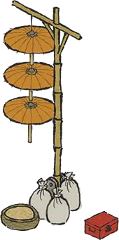 Oil-paper Umbrellas and Rice Bags on a Bamboo Pole - rural - PNG Images