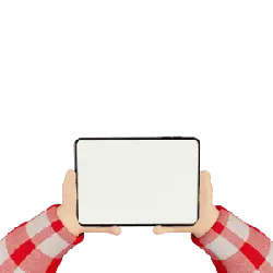 Hands Holding a Tablet Computer - red checkered shirt - Transparent Background PNG