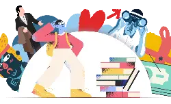 Blue Character with Books - growth - Transparent Background PNG