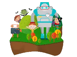 Robot and Kids - grass - No Watermark PNG