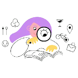 Purple-haired girl reading illustration - magnifying glass - High Resolution PNG