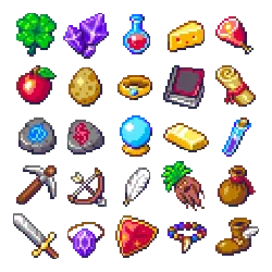 Clover、Diamond、Potion、Cheese、Meat、Apple、Egg、Ring、Book、Scroll、Gem、Gold Coin、Hammer、Bow and Arrow、Feather、Bracelet、Bottle、Dagger、Heart、Necklace、Shield、Key - item - Free PNG