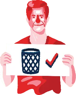 Red-haired man holding a sign with a trash can and check mark - red - Transparent Layer PNG